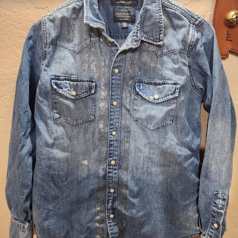 Lucky Brand Denim Western Pearl Snap Shirt Women's Small Distressed Holes
